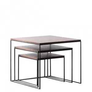 Set de trei mese de cafea, MDF / metal, nuc / negru, DVEIN