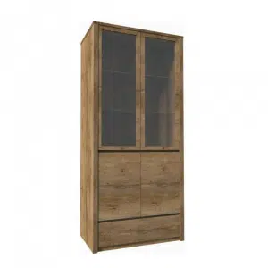 Vitrină cu un sertar şi uşi împărţite pline şi cu sticlă, stejar lefkas închis, MONTANA W2D