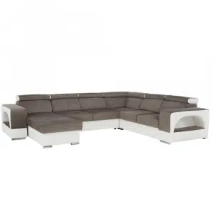 colţar în formă de U, piele ecologică albă/material textil maro, model stânga, KAMELIA